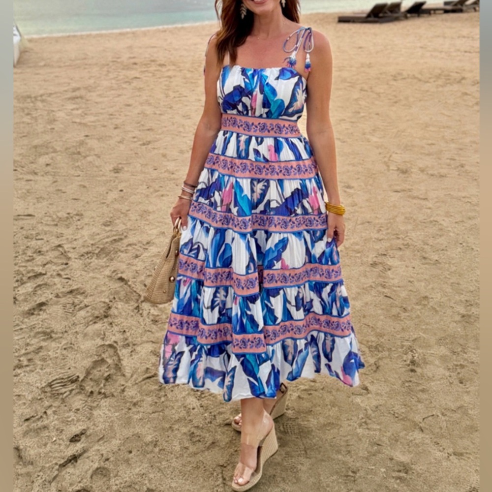 FARM Rio Off-White Blue Foliage Midi Dress Size M EUC